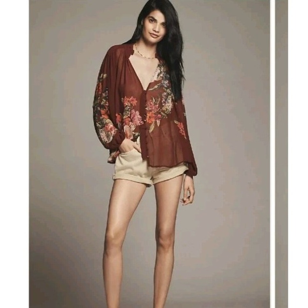 Anthropologie Estela Sheer Floral Blouse Womens XS Blouson Boho Oversized